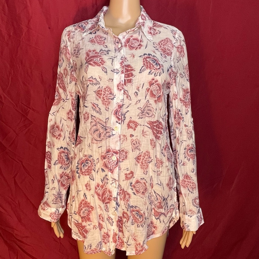 BD Collection Gauzy Button Front Floral Convertible Roll Tab Blouse Size Medium